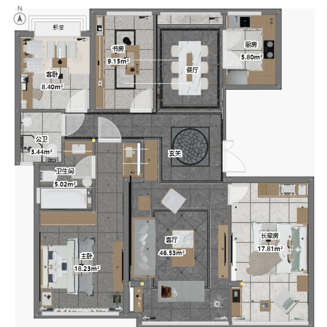 宏陶岩板114.4㎡的平层住宅平面图
